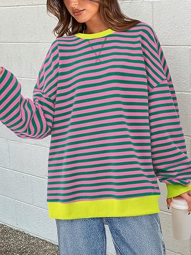 PRETTYGARDEN Womens Striped Oversized Sweatshirt Color Block Crew Neck Long Sleeve Casual Loose Pullover Top Y2K Clothes